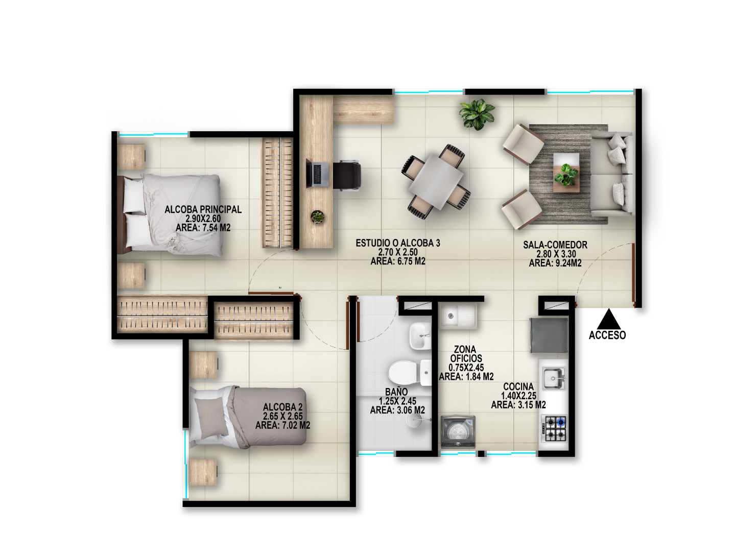 Ceibas Residencial- Yumbo Plano de un apartamento moderno.