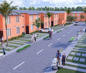 Urbanización moderna con familias y árboles